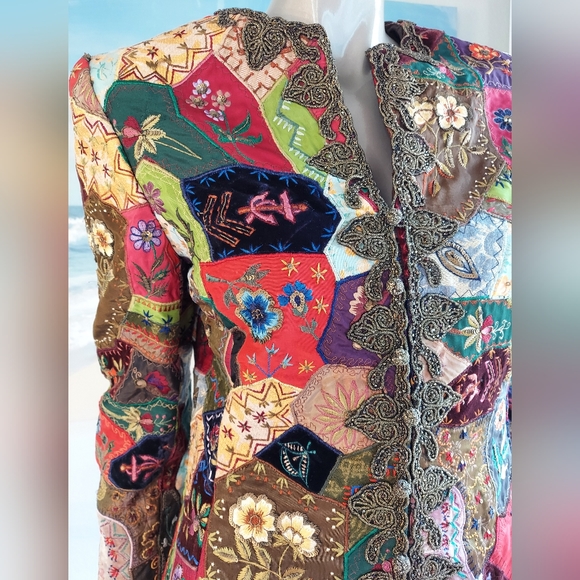 $7,500 OSCAR DE LA RENTA EXQUISITE GOLDEN PATCHWORK MULTI BEADED RUNWAY COAT S M - Picture 6 of 16